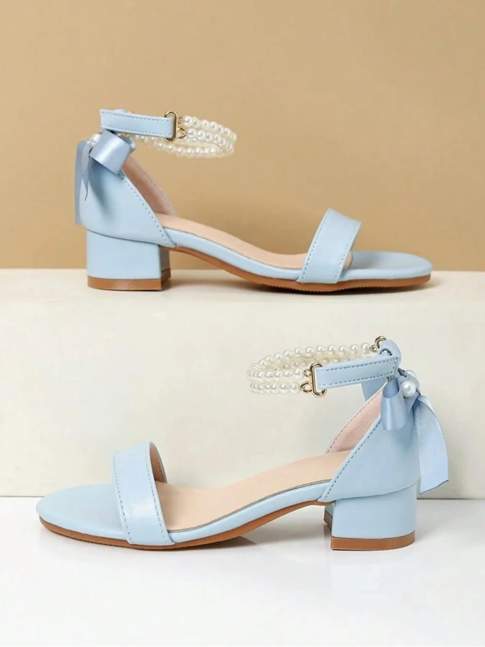 SHEIN Girls Blue Pearl Ankle Strap Low Heel Sandals Size 3.5